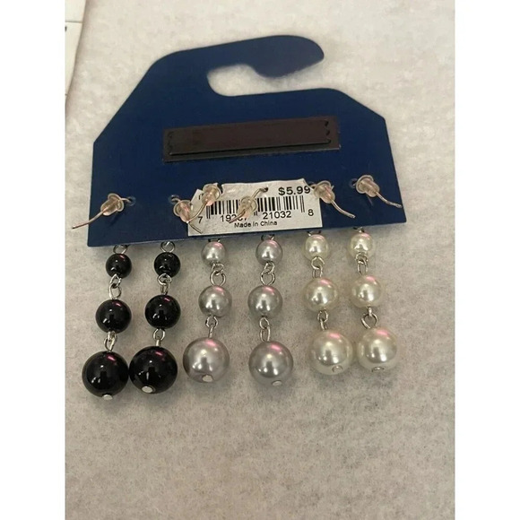 Vintage VTG Falls Creek Faux Pearl 3 Pack Dangle Earrings White Silver Black 2” - Picture 3 of 3